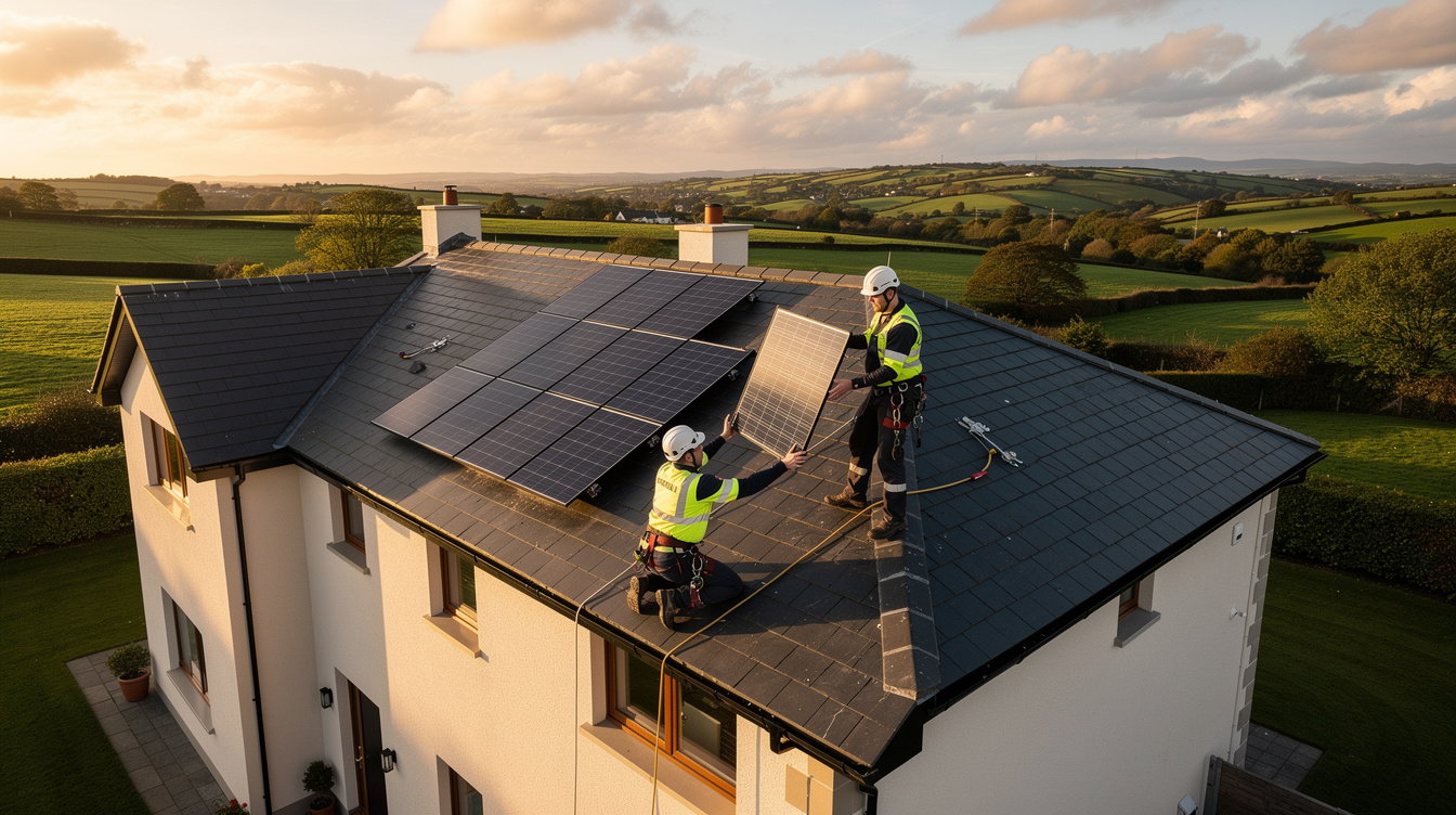Two solar panel installers working on detached house roof in rural Meath, green fields and hedgerows in background