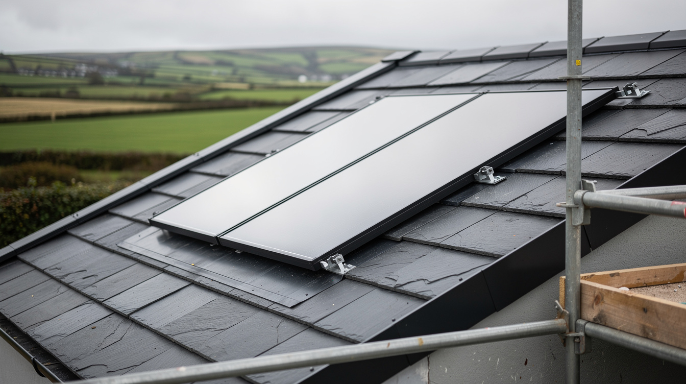 Close-up of solar panel integrated into roof of new build Irish house under construction with green countryside behind