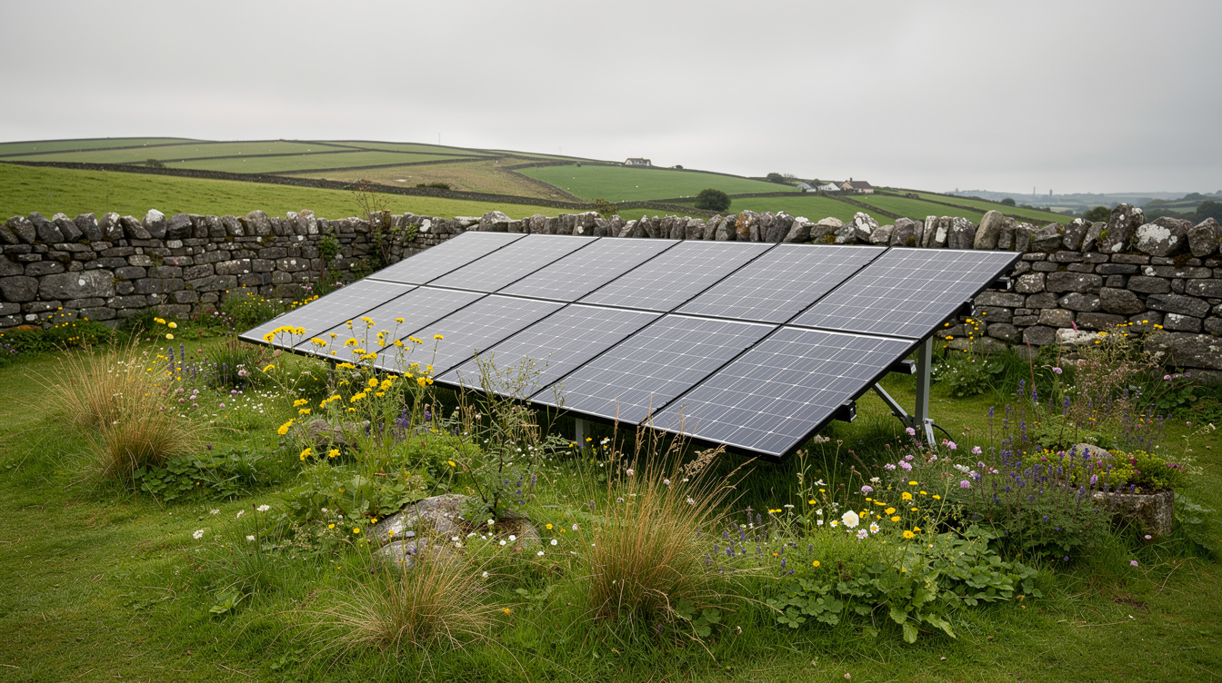 Ground-mounted solar panels in an Irish garden with stone wall and wildflowers, rolling green hills in background