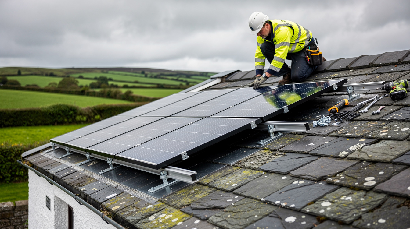 Solar panel installer fitting panels on a slate roof of an Irish cottage with green countryside in background