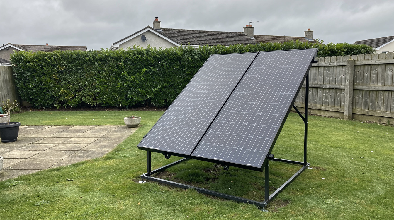 Ground-mounted plug-in solar panels in an Irish garden