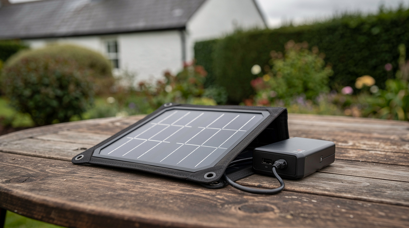 Portable plug-in solar panel kit with micro-inverter on a garden table outside an Irish cottage