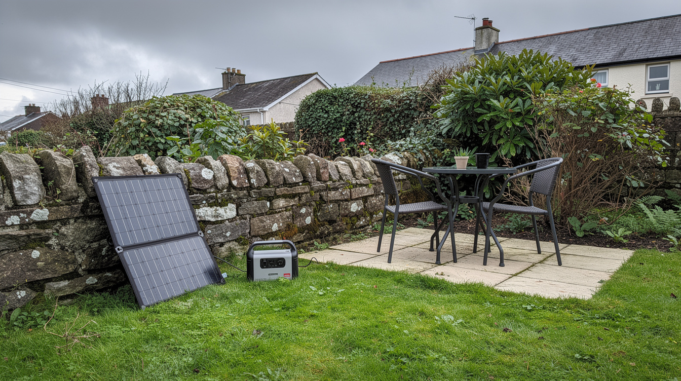 Portable folding solar panel with power station battery in an Irish back garden