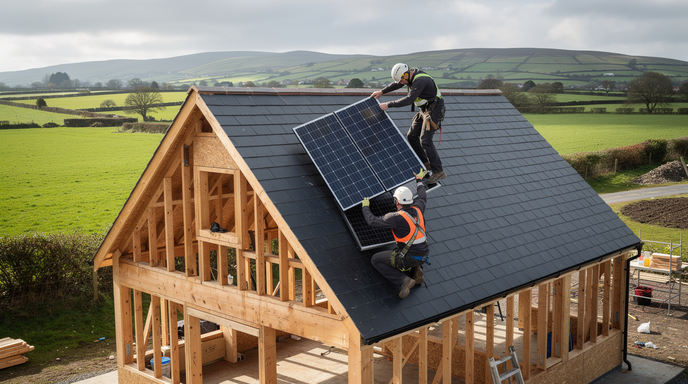 Two installers fitting solar panel to timber frame self-build house in rural Ireland with green hills