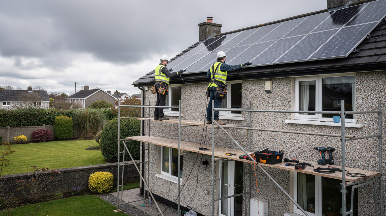 Two installers on scaffolding fitting solar panels to a semi-detached house in Ireland