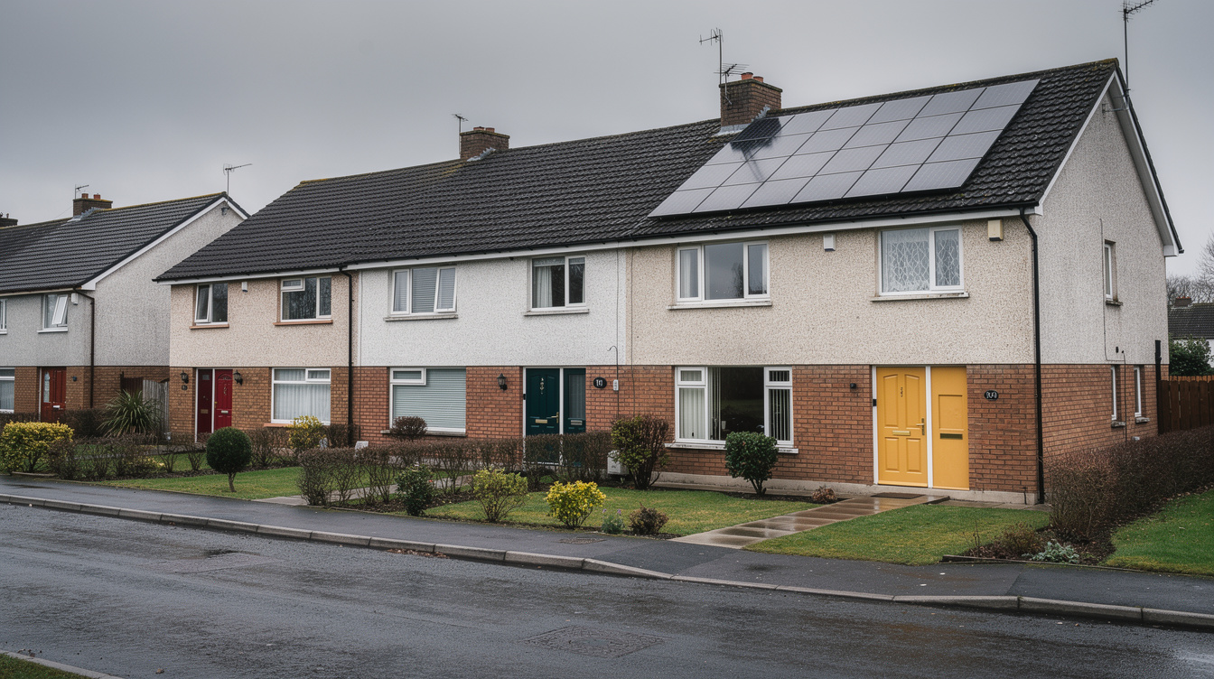 Row of Irish semi-detached houses with solar panels visible on one roof