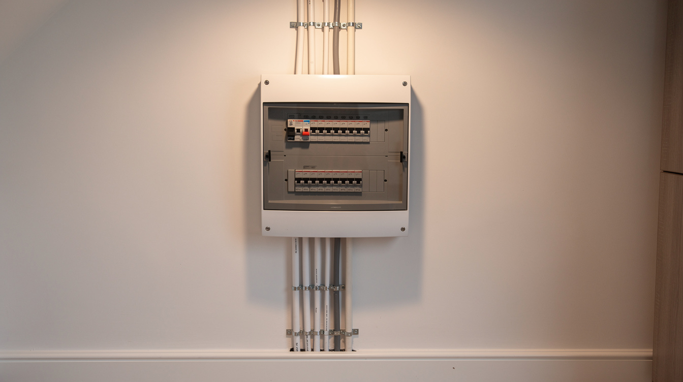Modern consumer unit and fuseboard mounted on wall inside Irish utility room