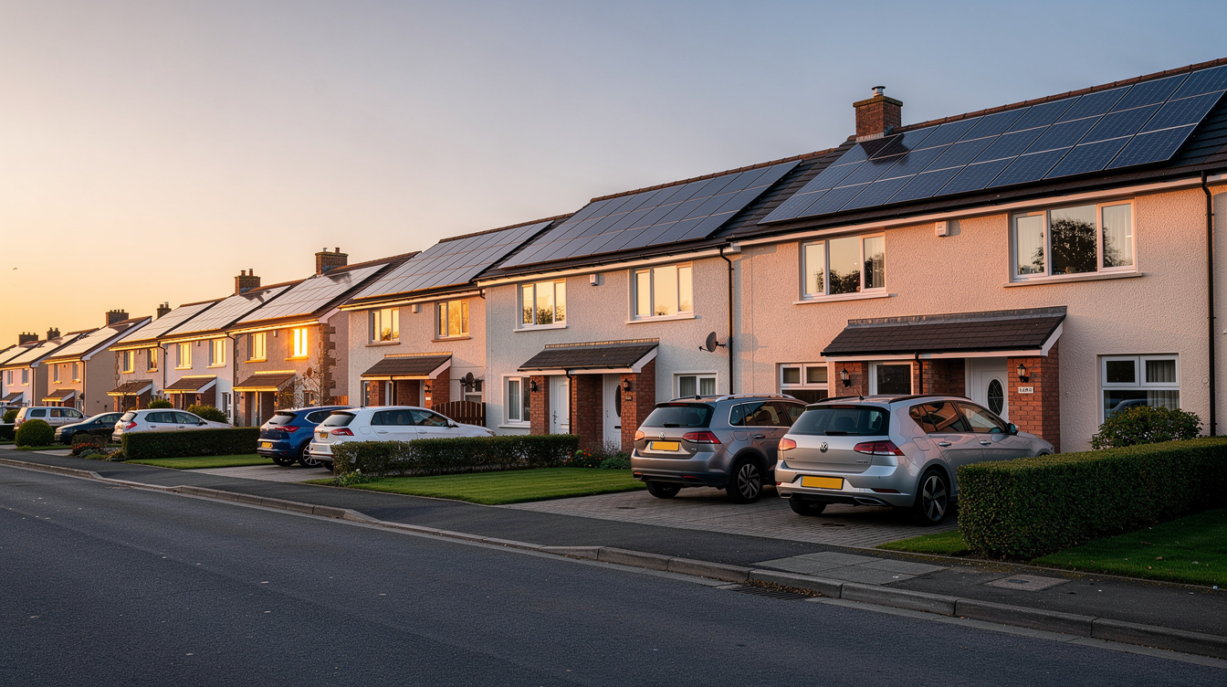 Row of Irish suburban houses with solar panels on rooftops at golden hour, warm evening light