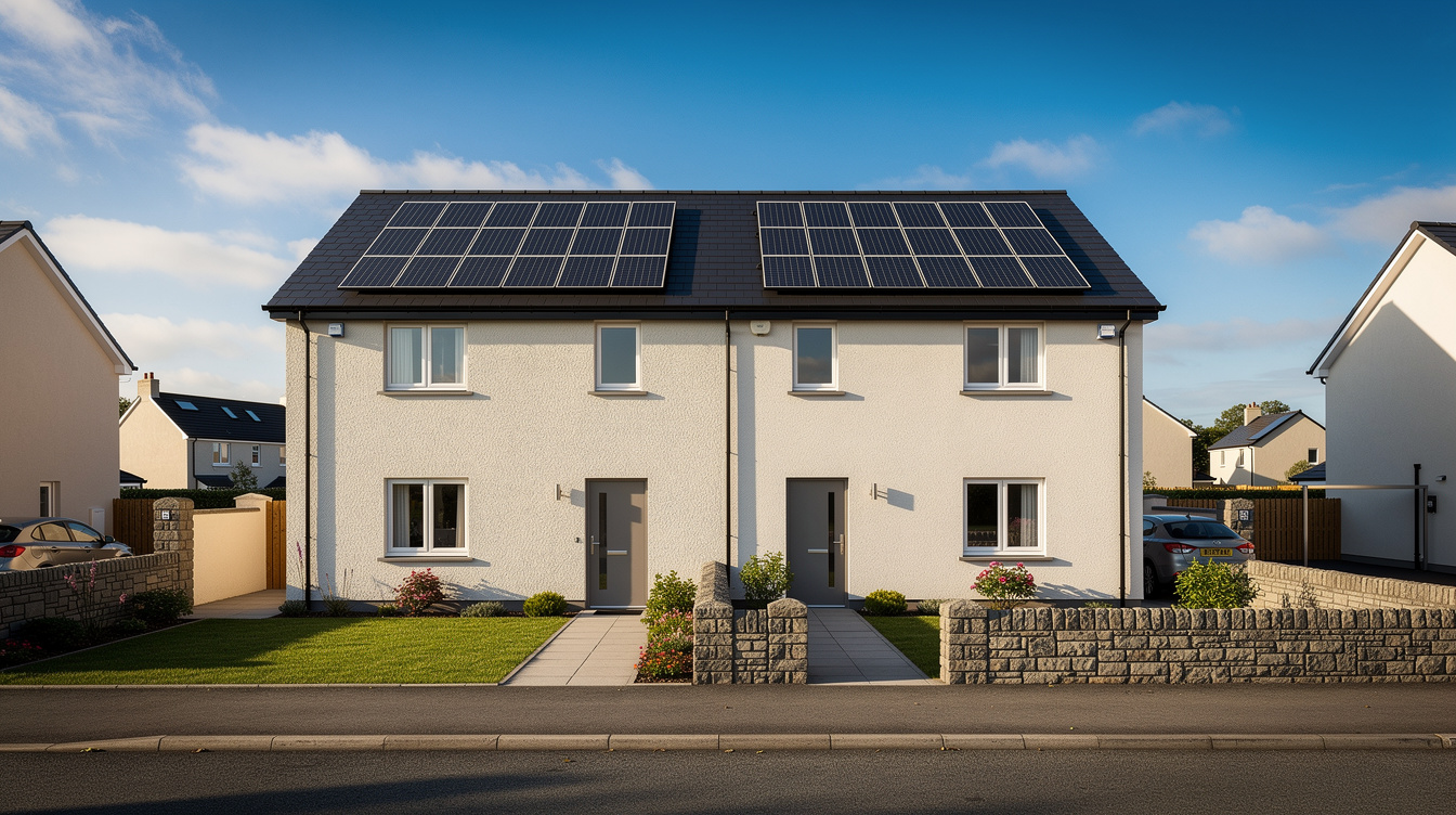 Modern Irish semi-detached house with solar panels on roof, blue sky, tidy front garden