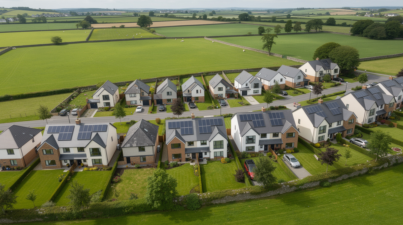 Aerial view of Irish suburban housing estate with several homes featuring solar panels on their roofs, surrounded by green fields