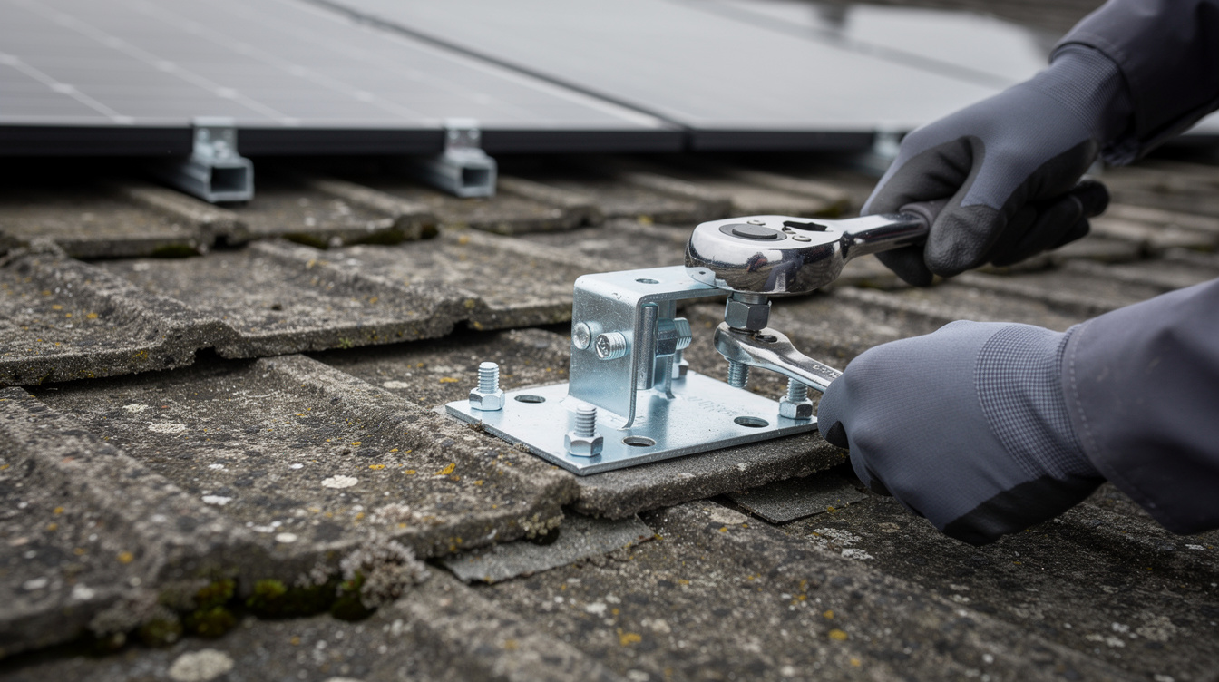 Close-up of solar panel mounting bracket being installed on concrete roof tiles with installer hands and tools visible