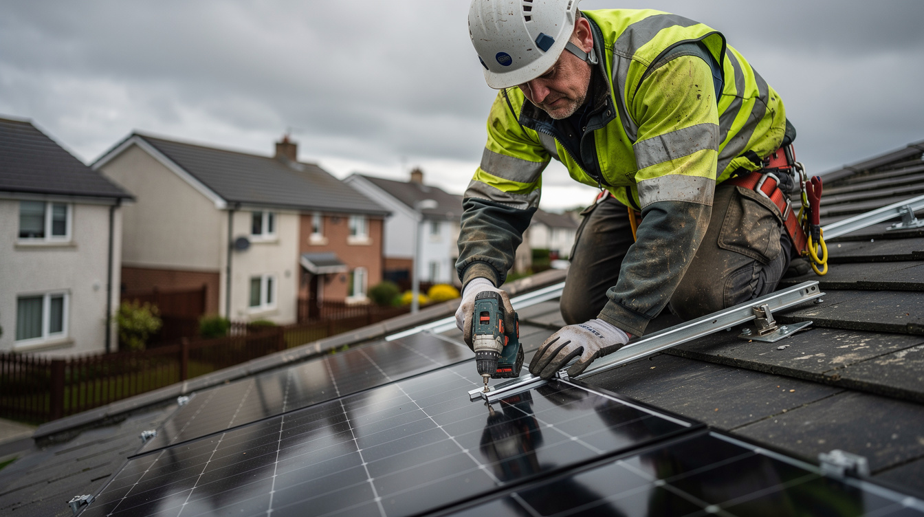 Solar installer mounting panels on an Irish house roof