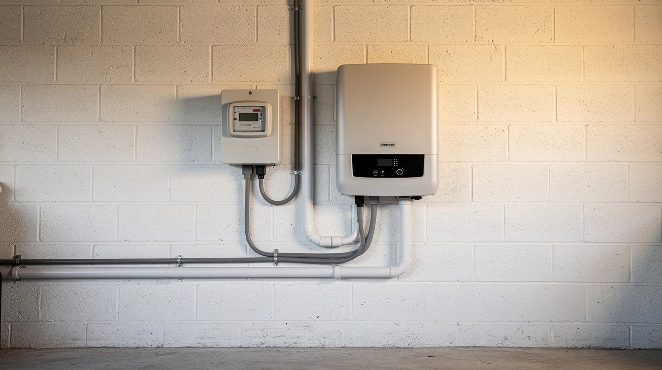 Solar inverter and meter installation in Irish home garage