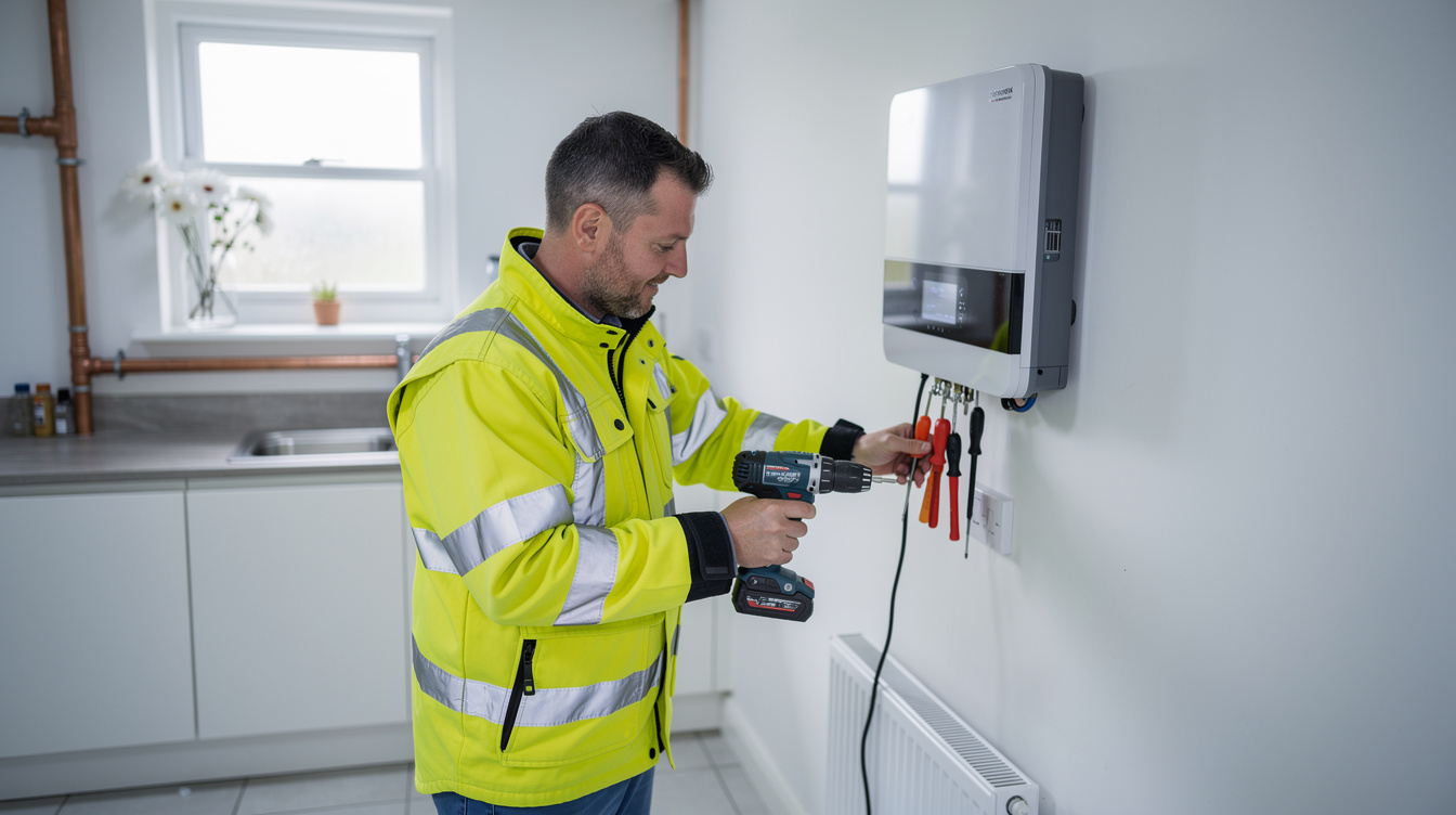 Electrician installing a home battery unit in an Irish utility room