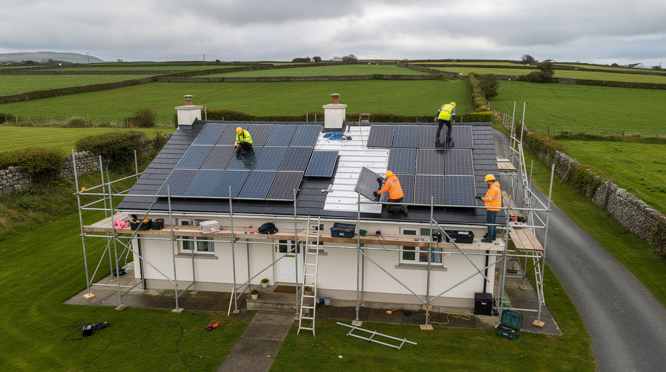 Aerial view of solar panel installation on an Irish bungalow roof with workers in hi-vis jackets