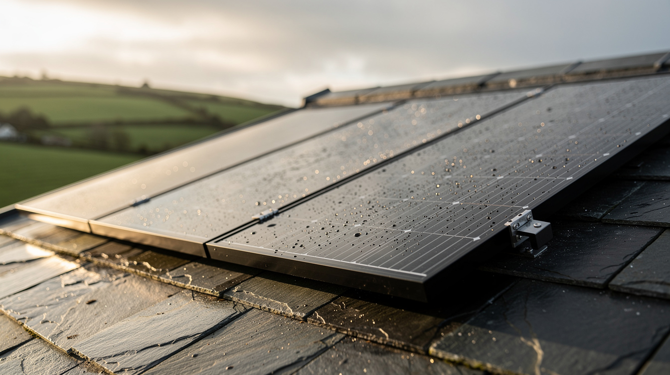 Close-up of solar panels with morning dew on an Irish bungalow slate roof with green fields in background