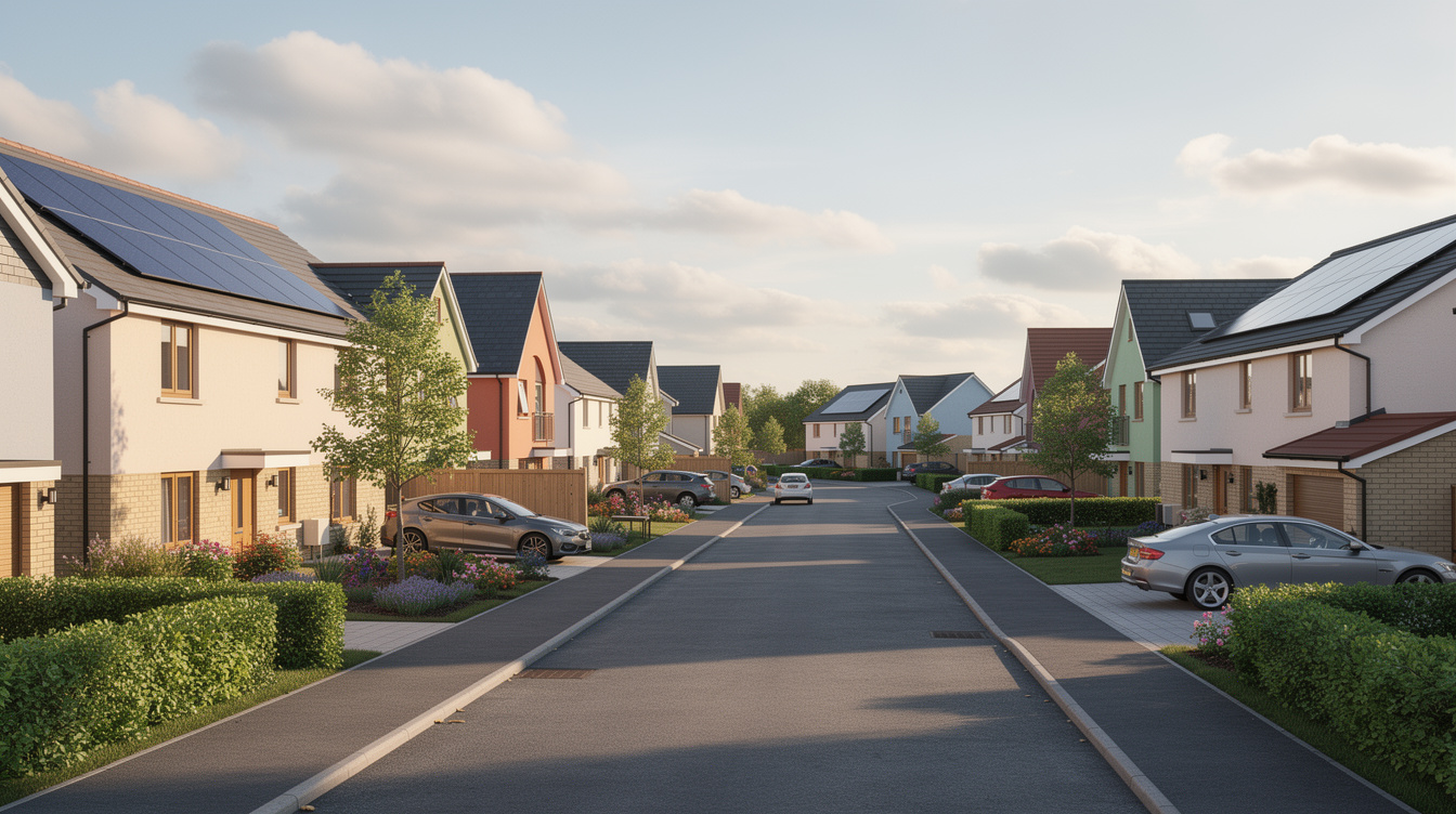 Modern Irish housing estate with solar panels on several homes