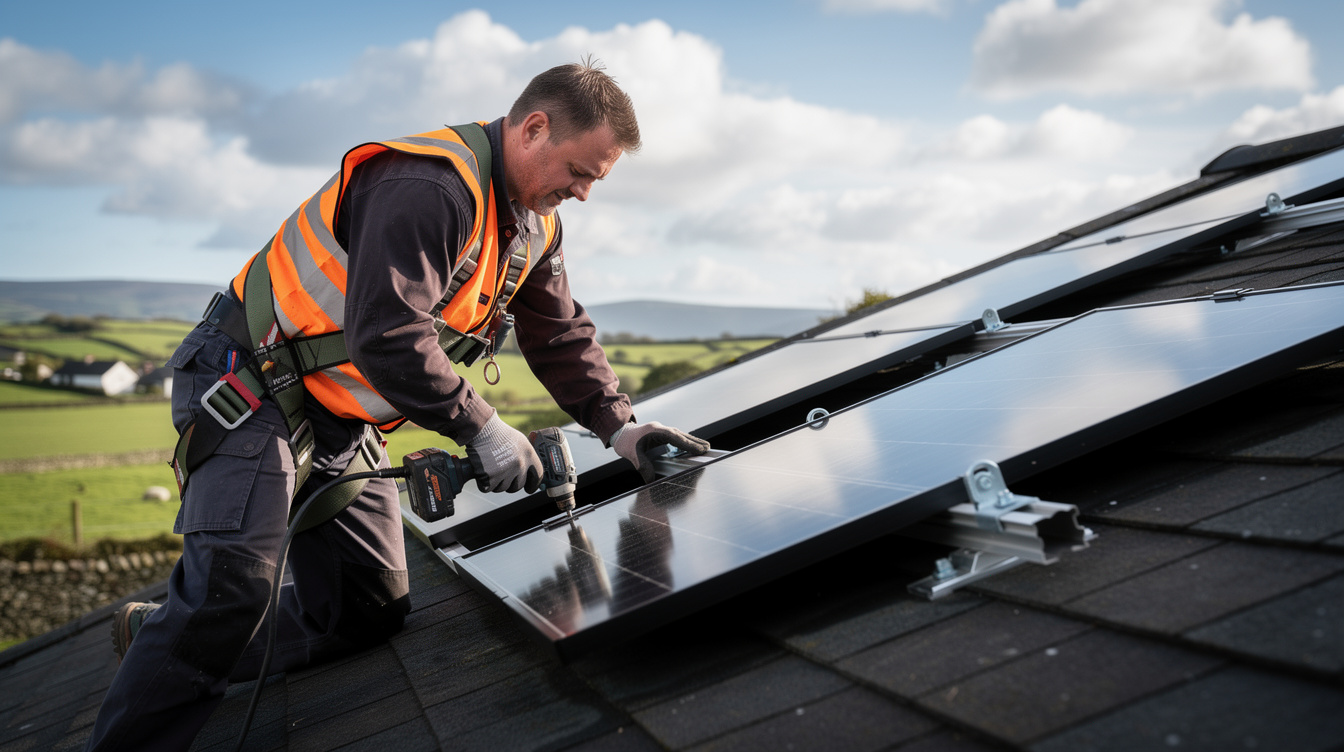 Solar panel installer working on an Irish rooftop