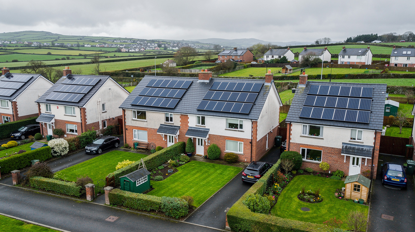 Aerial view of Irish semi-detached houses with solar panels on rooftops