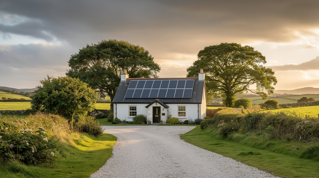 Irish countryside cottage with solar panels on slate roof, mature trees and gravel driveway at golden hour