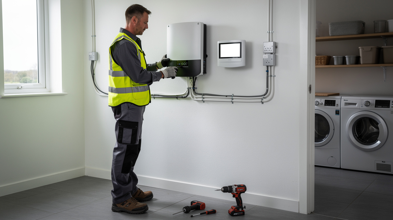 Electrician in hi-vis vest installing solar inverter and smart controller in Irish utility room