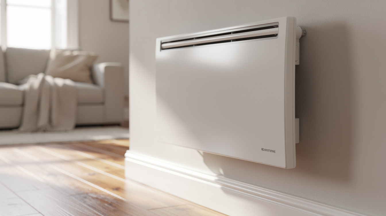 Modern white storage heater mounted on wall in bright Irish living room with wooden floors