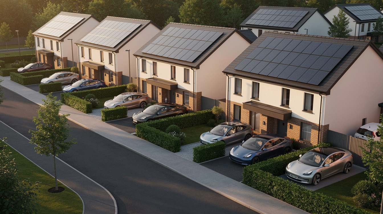 Aerial view of modern Irish housing estate with solar panels on roofs and electric cars in driveways, evening light