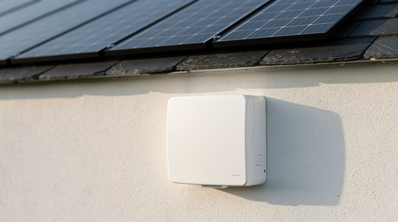 White electricity meter box mounted on wall of Irish house with solar panels on roof