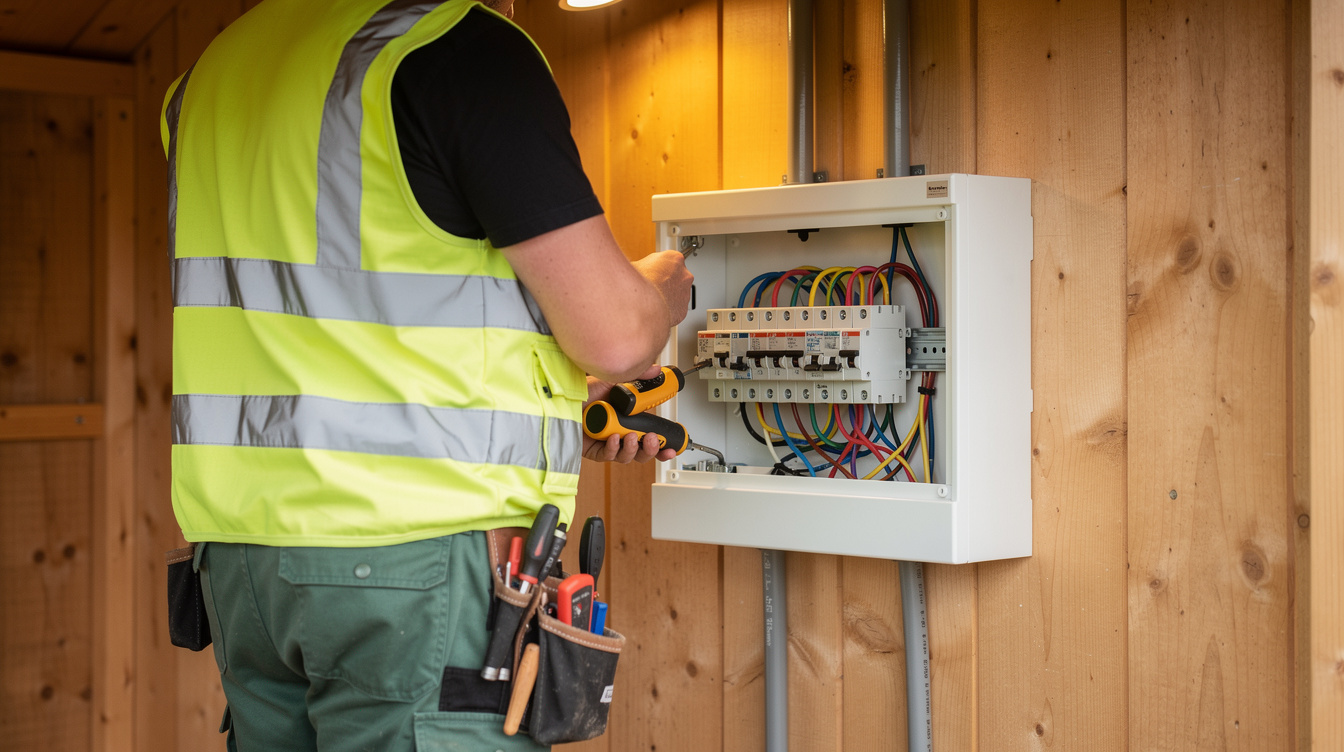 Electrician installing a consumer unit inside a timber garden room in Ireland