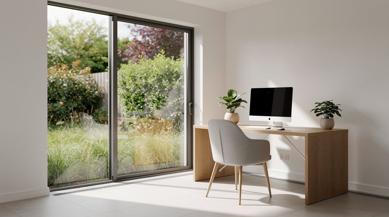 Bright interior of a garden room home office in Ireland with large glass doors looking onto a green garden