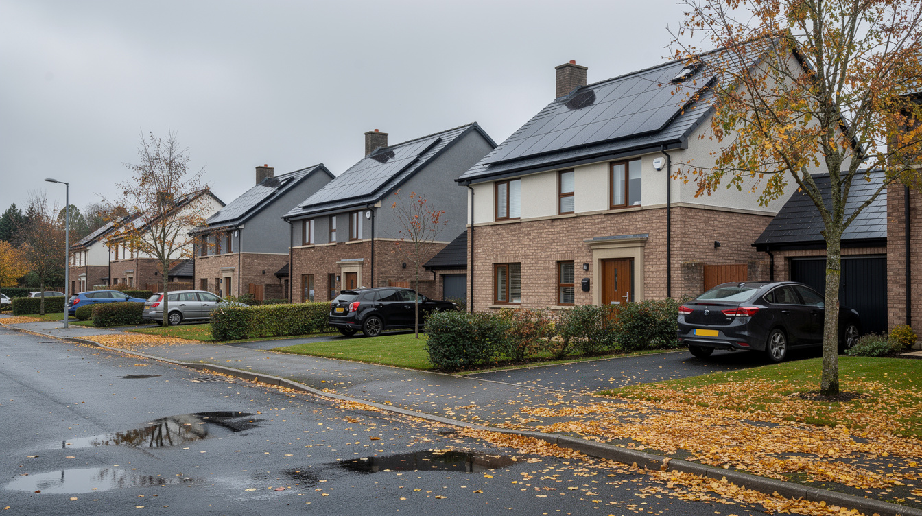 Row of Irish semi-detached houses with solar panels in autumn with golden leaves on the ground