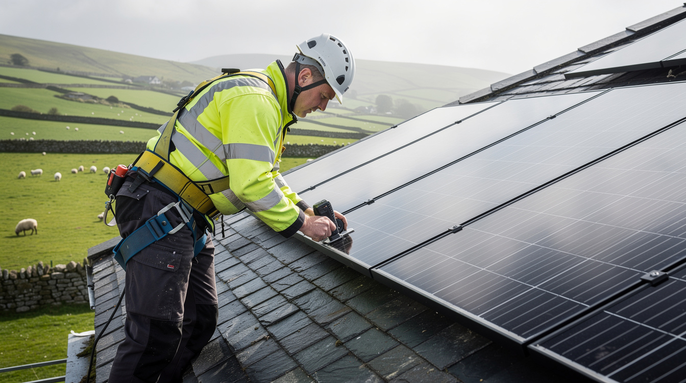 Solar panel installer working on a slate roof in rural Donegal countryside
