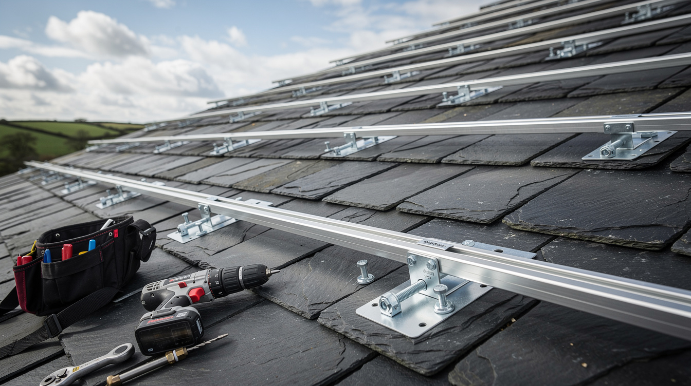 Close-up of solar panel mounting brackets being installed on Irish slate roof