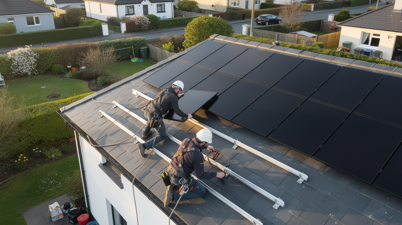 Two solar installers in safety harnesses working on a pitched slate roof, installing black solar panels in an Irish residential neighbourhood