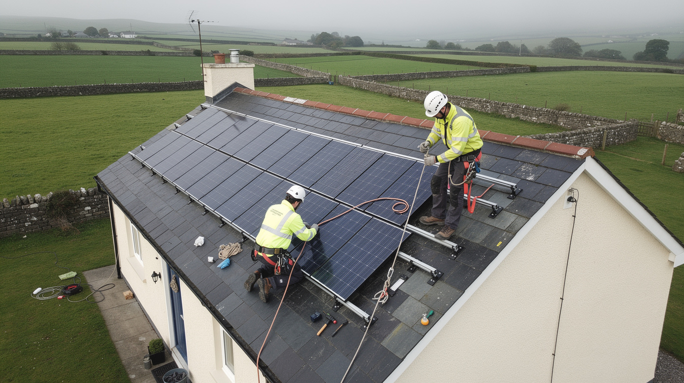 Two installers working on solar panels on an Irish bungalow rooftop