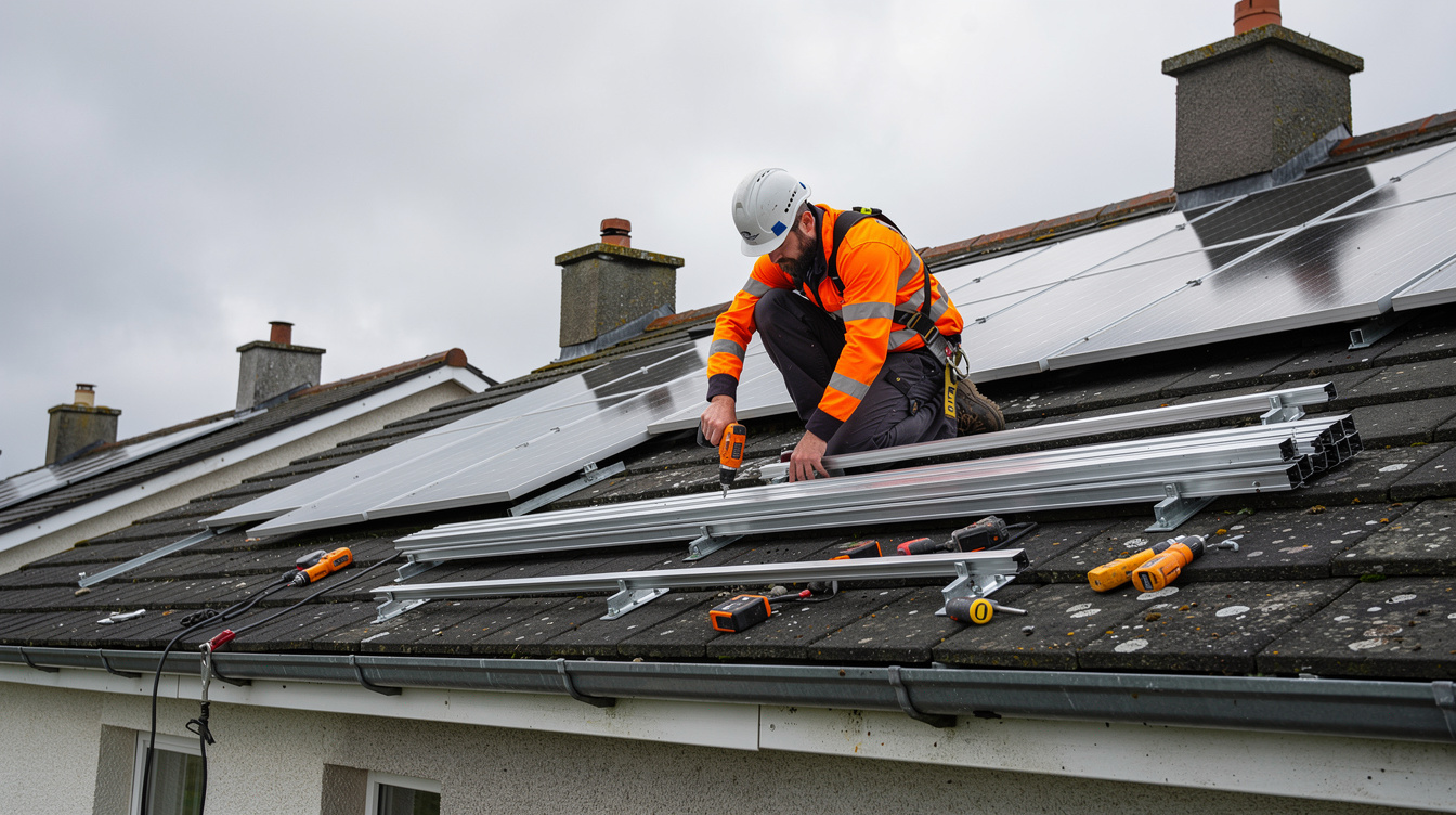 Solar panel installer in hi-vis vest working on mounting rails on Irish rooftop