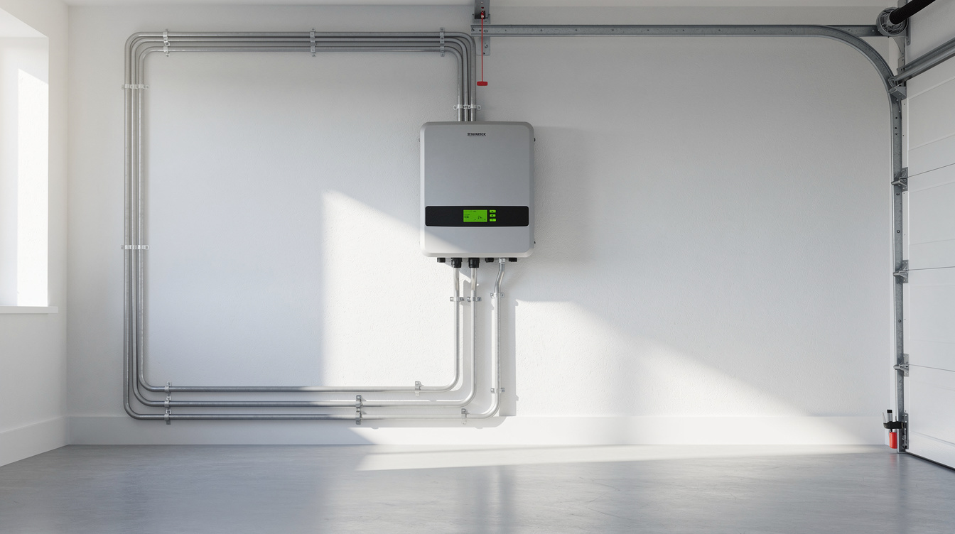 Solar inverter mounted on garage wall with green status lights