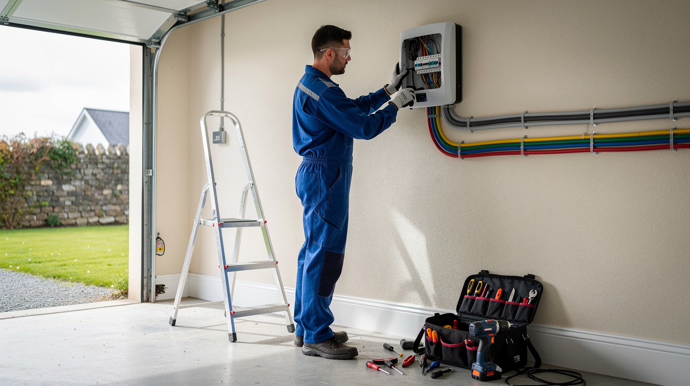 Electrician installing a solar inverter on a garage wall in an Irish home