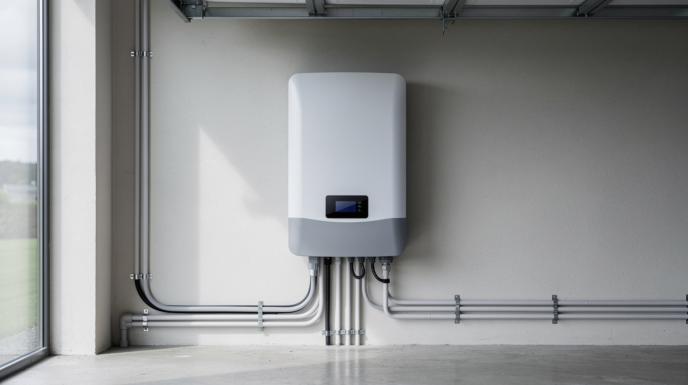 Solar inverter mounted on a garage wall with neat cable routing in an Irish home