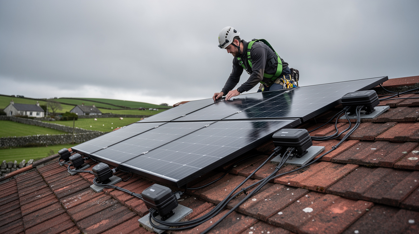 Solar installer fitting panels with microinverters on a tiled Irish rooftop, green countryside in the background