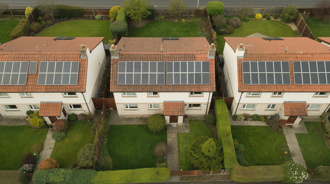 Aerial view of solar panels on a row of Irish suburban houses with green back gardens