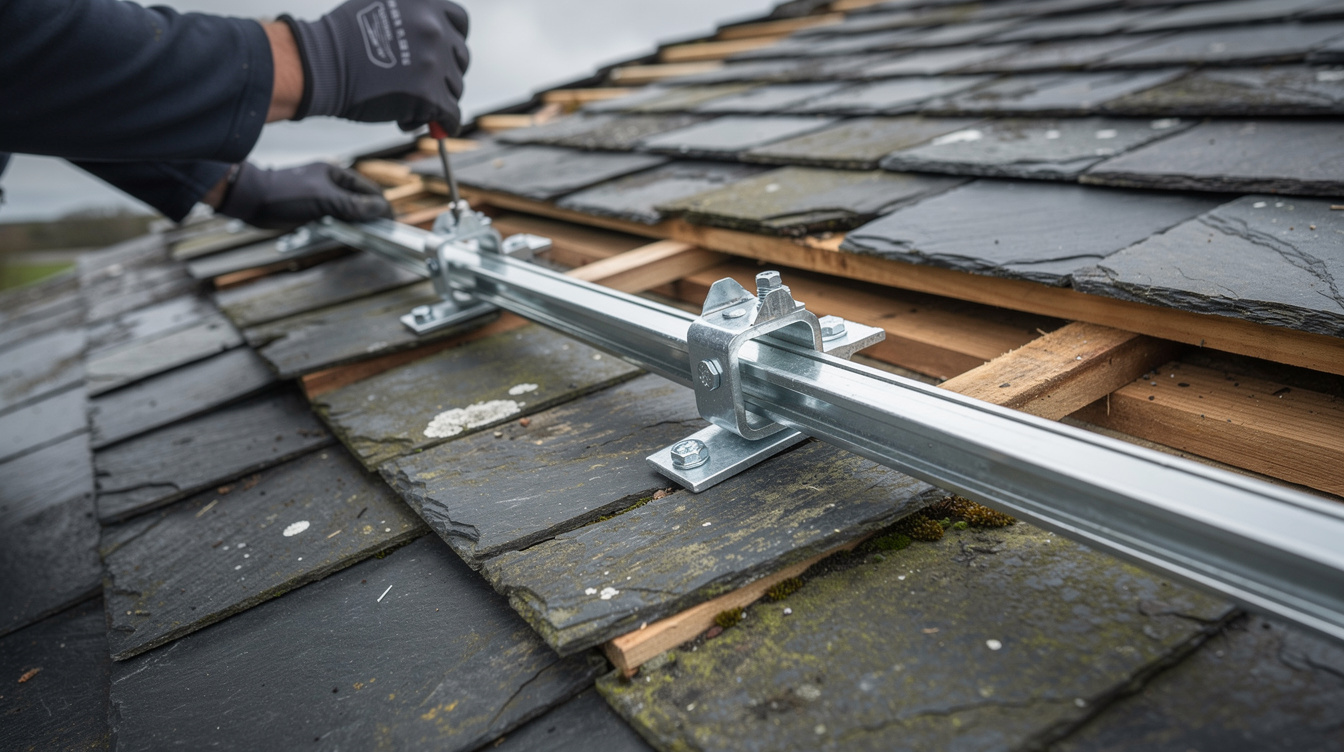 Close-up of solar panel mounting rails being installed on a slate roof in Ireland
