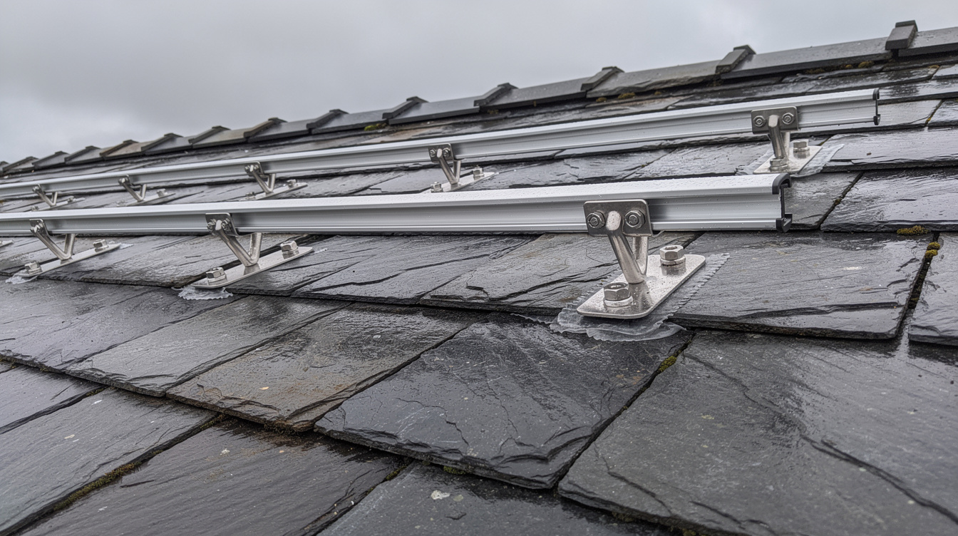 Aluminium solar panel mounting rails and brackets installed on Irish slate roof