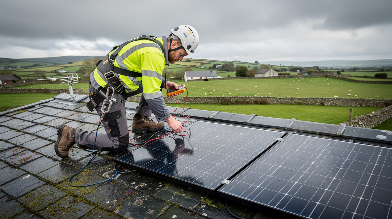 Solar panel technician inspecting panels with a multimeter on an Irish rooftop with green countryside in the background