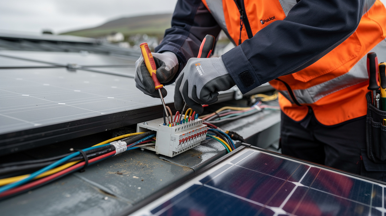 Solar installer inspecting panel wiring connections on Irish rooftop