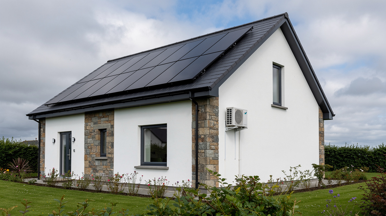 Modern Irish house with solar panels on roof and air conditioning unit on wall