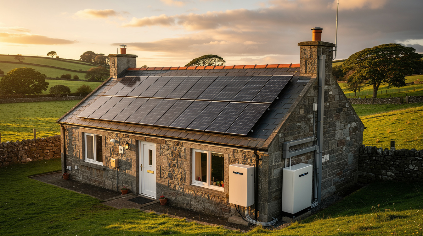 Irish stone cottage with solar panels and battery storage at golden hour