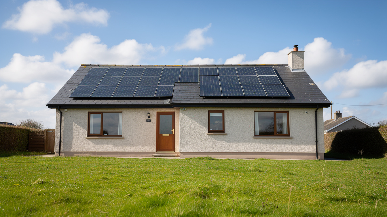 Solar panels on Irish bungalow roof in sunny weather