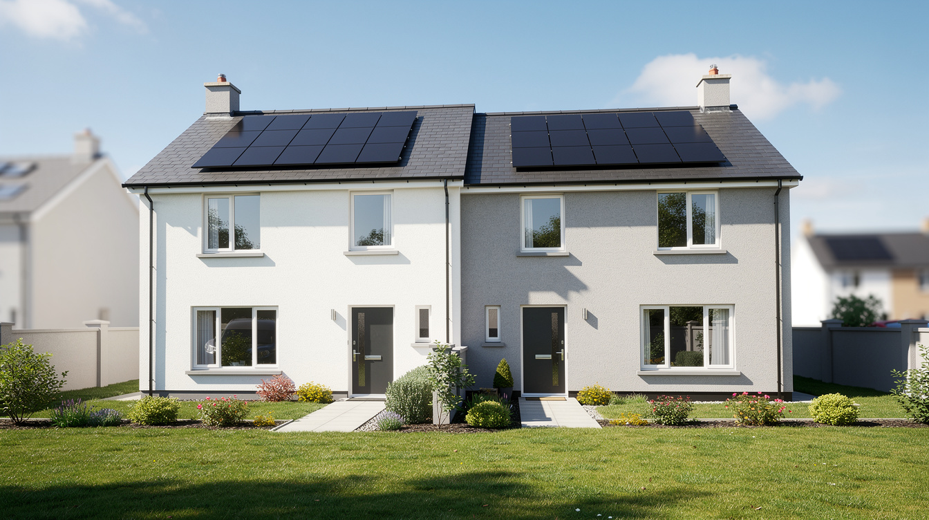 Irish semi-detached houses with solar panels on pitched roofs in a suburban estate with green gardens