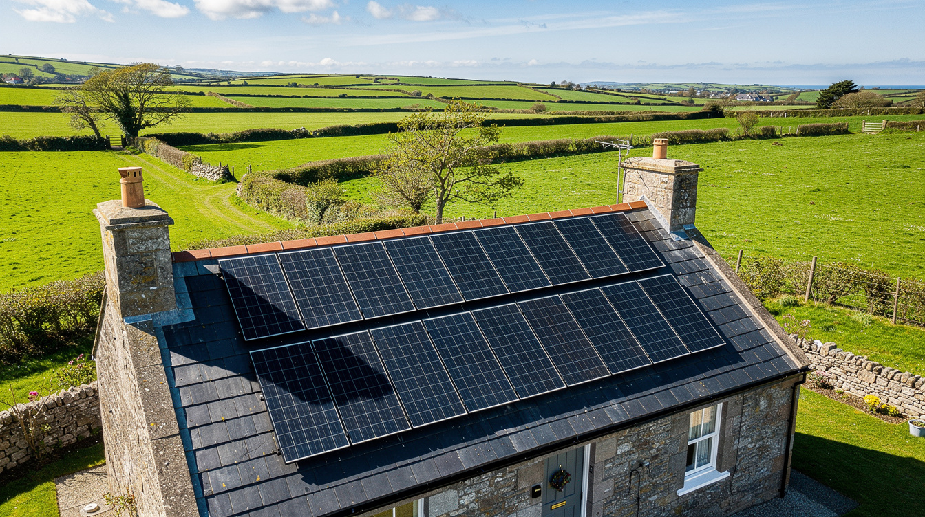 Aerial view of solar panels generating electricity on Irish house roof with green fields